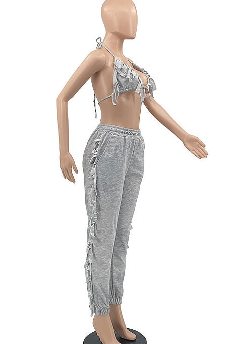 Sexy Backless Condole Belt Bra Top Pure Color Tassel Pants Sets MLM9065
