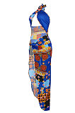 Irregularity Open Fork Halter Neck Navel Exposure Fashion Printing Long Dress ED8390