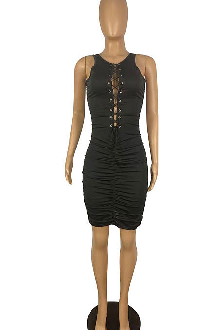 Eyelet Bind Pure Color Ruffle Mini Dress TL6588