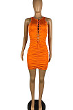 Eyelet Bind Pure Color Ruffle Mini Dress TL6588
