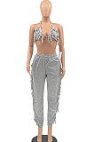 Sexy Backless Condole Belt Bra Top Pure Color Tassel Pants Sets MLM9065