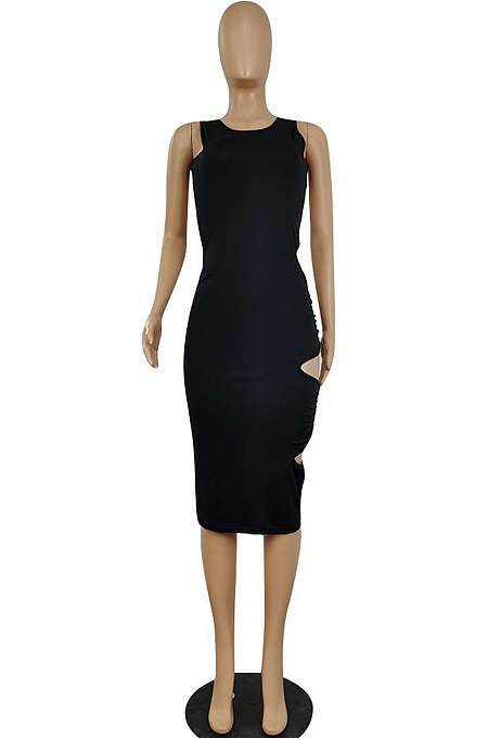 Fashion Sexy Pure Color Vest Fold Hollow Out  Dress E8590