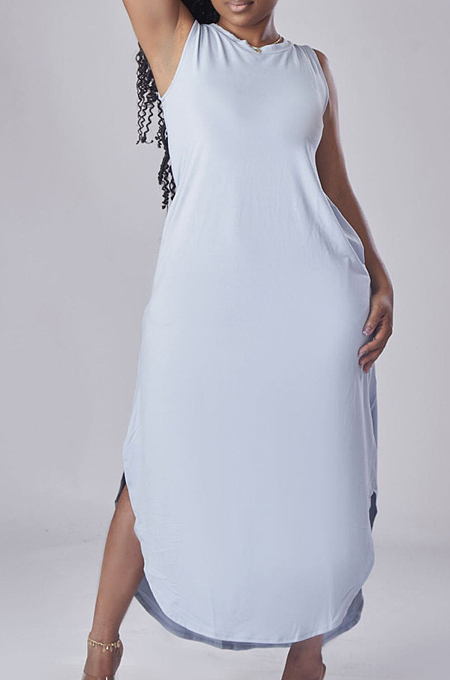 Euramerican Pure Color Open Fork Casual Long Dress E8591