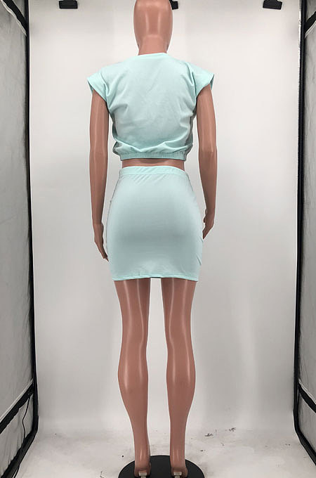 Euramerican Women Sleeveless Shoulder Pads T Shirts One-Step Skirt Joker Casual Two-Pieces HYM8067