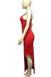 Women's Solid Deep V Neck Vest Sexy Condole Belt Slit Long Dress Q828