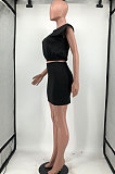 Euramerican Women Sleeveless Shoulder Pads T Shirts One-Step Skirt Joker Casual Two-Pieces HYM8067