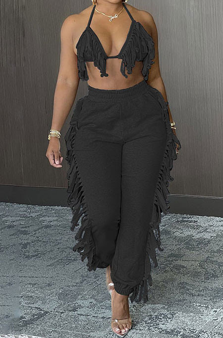 Sexy Backless Condole Belt Bra Top Pure Color Tassel Pants Sets MLM9065