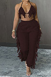 Sexy Backless Condole Belt Bra Top Pure Color Tassel Pants Sets MLM9065