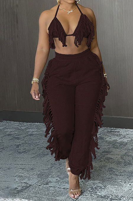 Sexy Backless Condole Belt Bra Top Pure Color Tassel Pants Sets MLM9065