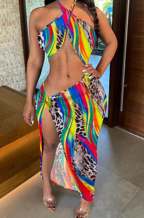 Irregularity Open Fork Halter Neck Navel Exposure Fashion Printing Long Dress ED8390