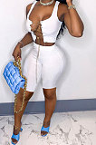 Pure Color Sexy Metal Bind Sleeveless Shorts Sets ED8393