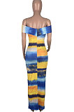 Tie Dye Cross Chest Wrap Off Shoulder Two Wear Temperament Long Dress MOL160