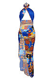 Irregularity Open Fork Halter Neck Navel Exposure Fashion Printing Long Dress ED8390