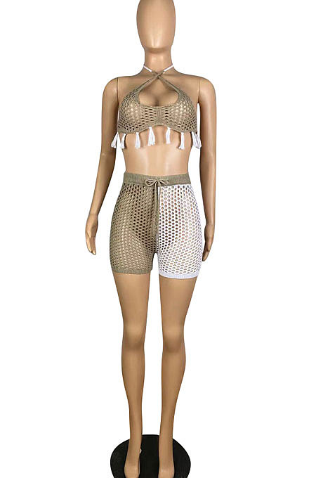 Sand Beach Color Matching Tassel Shorts Woolen Shorts Sets TL6592