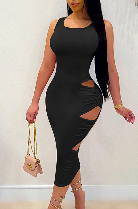 Fashion Sexy Pure Color Vest Fold Hollow Out  Dress E8590