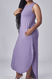 Euramerican Pure Color Open Fork Casual Long Dress E8591