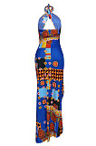 Irregularity Open Fork Halter Neck Navel Exposure Fashion Printing Long Dress ED8390