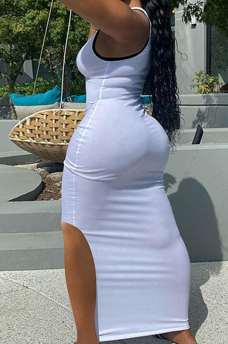 Women's Solid Deep V Neck Vest Sexy Condole Belt Slit Long Dress Q828