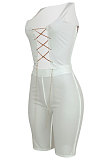 Pure Color Sexy Metal Bind Sleeveless Shorts Sets ED8393