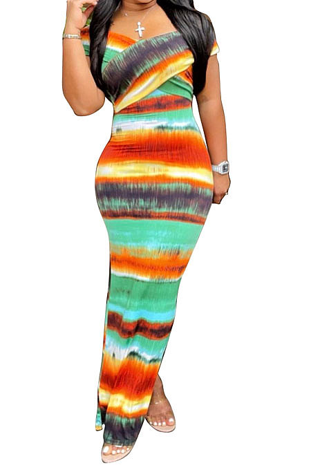 Tie Dye Cross Chest Wrap Off Shoulder Two Wear Temperament Long Dress MOL160