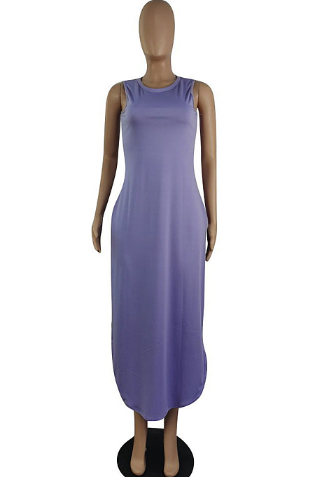 Euramerican Pure Color Open Fork Casual Long Dress E8591