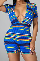 Printing Screw Thread Pit Bar Deep V Neck Romper Shorts TL6589