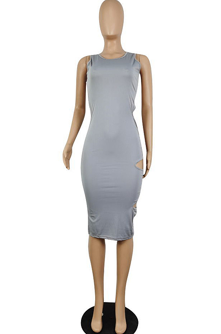 Fashion Sexy Pure Color Vest Fold Hollow Out  Dress E8590