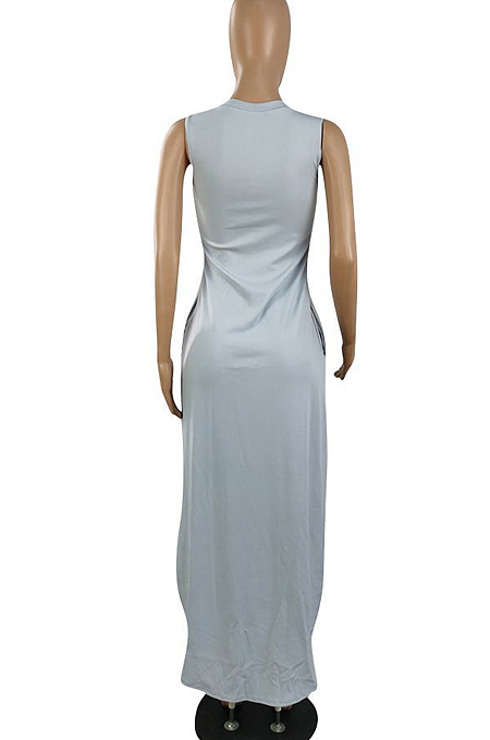 Euramerican Pure Color Open Fork Casual Long Dress E8591