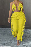 Sexy Backless Condole Belt Bra Top Pure Color Tassel Pants Sets MLM9065