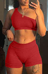 Fashion Pure Color Pie Bar One Shoulder Top Shorts Sets ARM8290