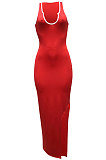 Women's Solid Deep V Neck Vest Sexy Condole Belt Slit Long Dress Q828