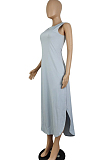 Euramerican Pure Color Open Fork Casual Long Dress E8591