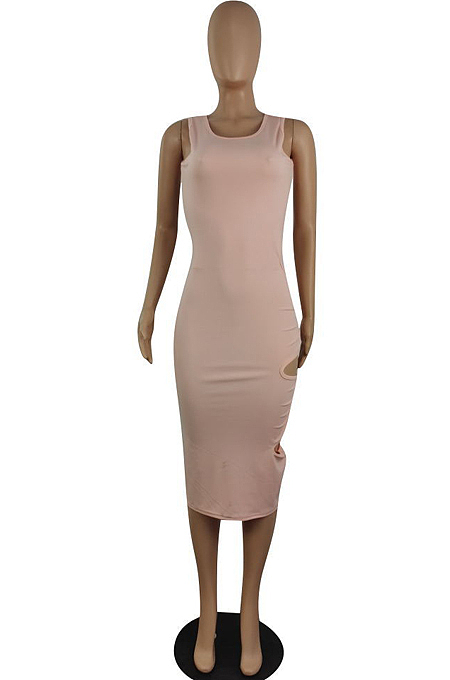 Fashion Sexy Pure Color Vest Fold Hollow Out  Dress E8590