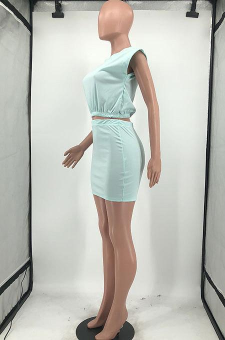 Euramerican Women Sleeveless Shoulder Pads T Shirts One-Step Skirt Joker Casual Two-Pieces HYM8067