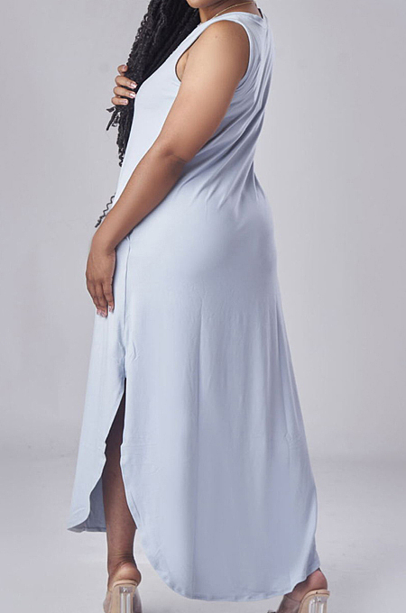 Euramerican Pure Color Open Fork Casual Long Dress E8591