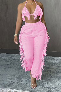 Sexy Backless Condole Belt Bra Top Pure Color Tassel Pants Sets MLM9065