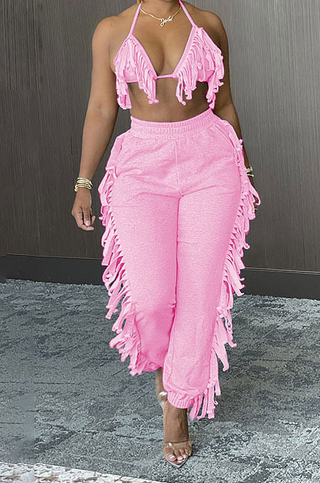 Sexy Backless Condole Belt Bra Top Pure Color Tassel Pants Sets MLM9065