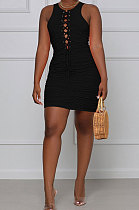 Eyelet Bind Pure Color Ruffle Mini Dress TL6588