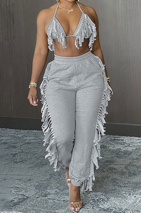 Sexy Backless Condole Belt Bra Top Pure Color Tassel Pants Sets MLM9065