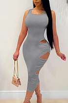 Fashion Sexy Pure Color Vest Fold Hollow Out  Dress E8590