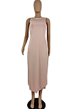 Euramerican Pure Color Open Fork Casual Long Dress E8591
