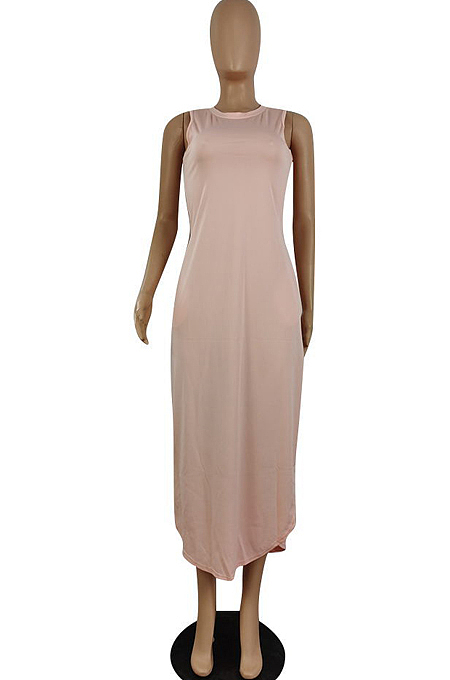 Euramerican Pure Color Open Fork Casual Long Dress E8591