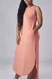Euramerican Pure Color Open Fork Casual Long Dress E8591