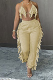 Sexy Backless Condole Belt Bra Top Pure Color Tassel Pants Sets MLM9065