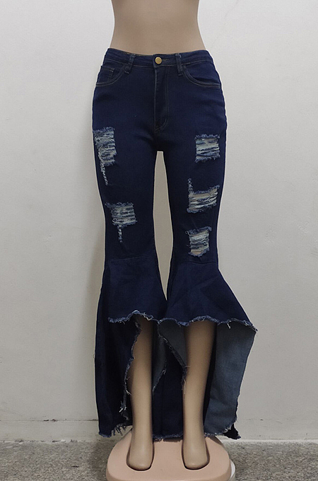 Fashion Spliced Hole Water Washing Cowboy Stertch Flared Pants SMR2468