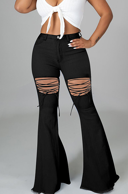 Summer Casual Water Washing Bind Cowboy Flared Pant E8596 