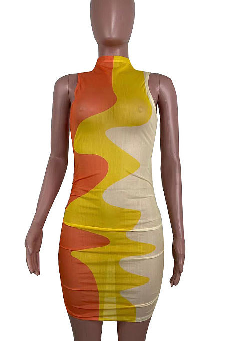 Printing Sexy Ruffle Sleeveless Mini Dress R6423