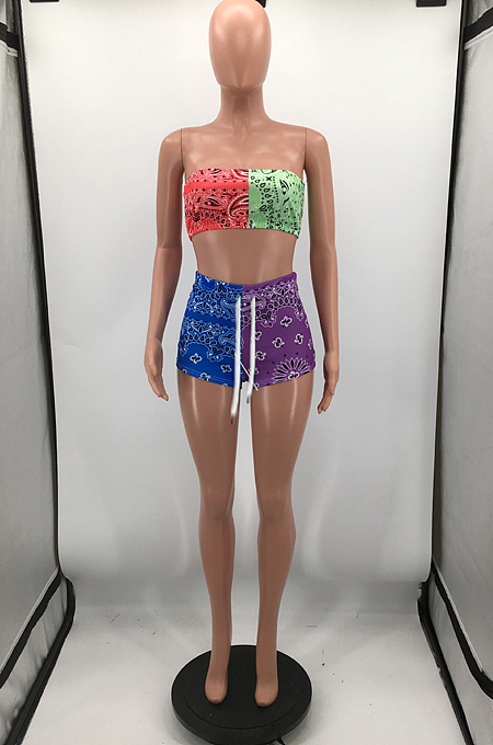 Fashion Positioning Print Sexy Boob Tube Top Shorts Two-Piece HH8974