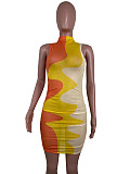 Printing Sexy Ruffle Sleeveless Mini Dress R6423