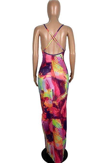 Fashion Summer Coloured Drawing Print Sling Long Dress LS6441
